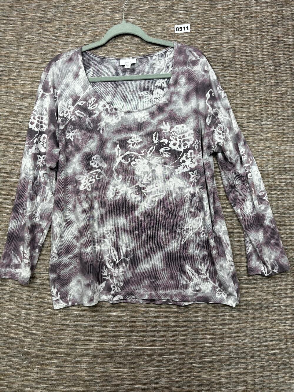 J Jill Purejill Floral Top Womens Size L Purple Grey & White Long Sleeve Soft